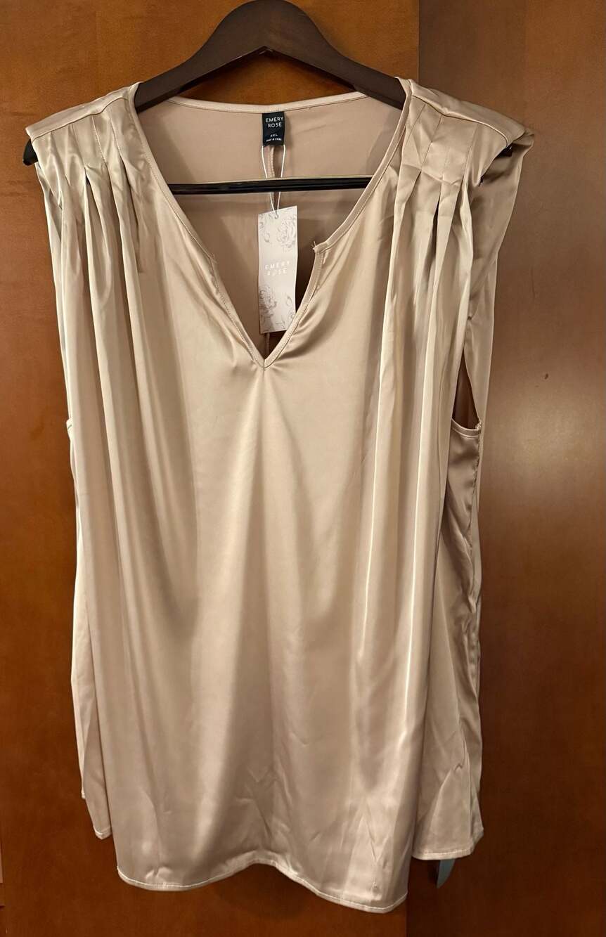 EMERY ROSE Sleeveless V-Neck Satin Pleated Blouse, Champagne size-5X